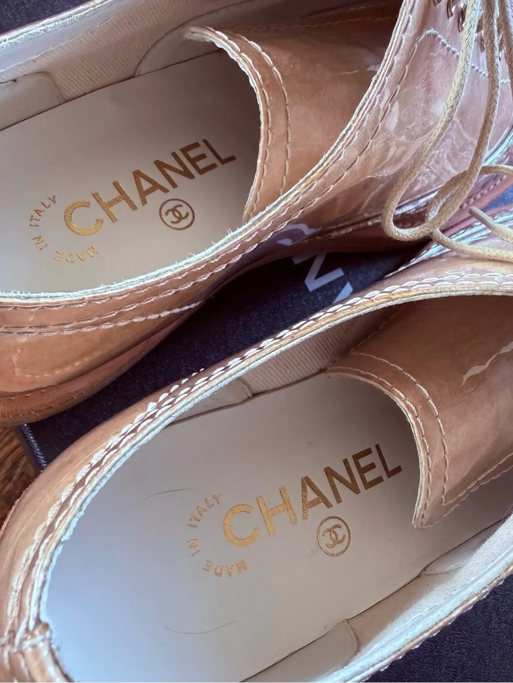 CHANEL Beige Patent Toe & Tweed Lace-Up Oxfords